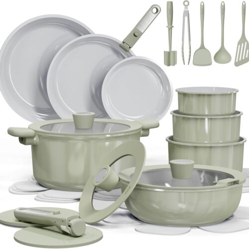 CAROTE 27pcs Ceramic Cookware Set Nonstick, Pots and Pans Set Non stick, Non Toxic Cookware, Dishwasher/Oven Safe, RV/Camping Cookware Set, Pan and Pot with Kitchen Utensils, Green